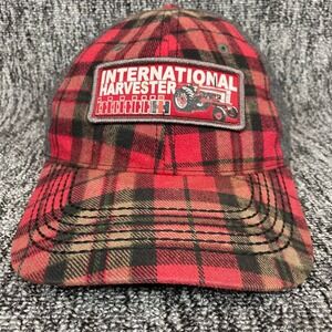 VTG International Harvester Plaid Strapback Hat Mens Red Gray Tractor Patch Cap